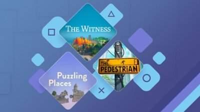 Best puzzle games on PS4 and PS5 promotional lock up featuring The Witness, The Pedestrian, Ghost Giant and LEGO Builder's Journey.