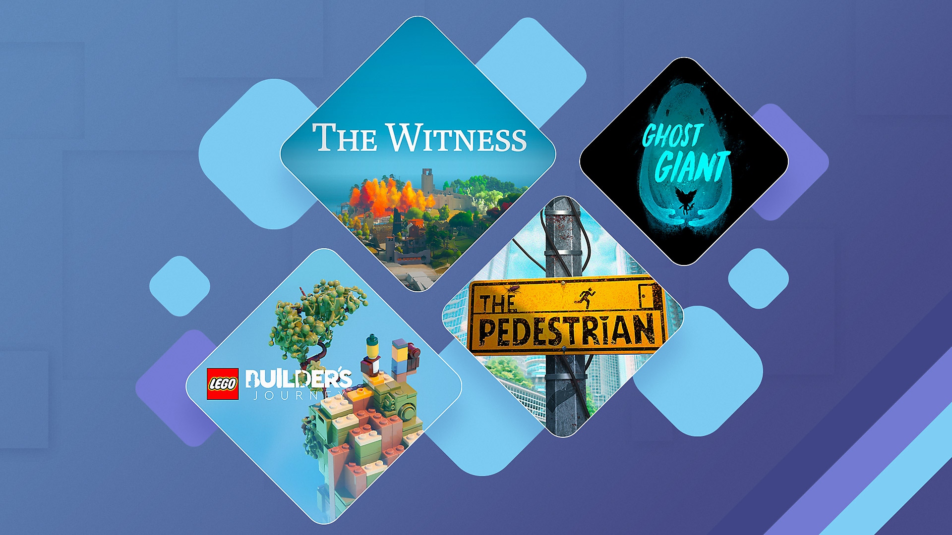 Immagine promozionale dei migliori giochi di enigmi su PS4 e PS5 che mostra The Witness, The Pedestrian, Ghost Giant e LEGO Builder's Journey.