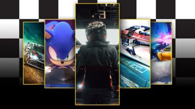 Best racing games games on PS4 and PS5 promotional art featuring Dirt Rally 2, Team Sonic Racing, Gran Turismo 7, Wipeout Omega Collection and Need For Speed.