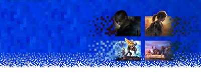 Pixelated hero art featuring Resident Evil 4 Remake, Last of Us Part 1, Ratchet & Clank, and Final Fantasy VII: Remake - Intergrade