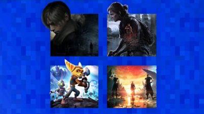 Best modern remakes for PlayStation artwork, featuring Resident Evil 4, The Last of Us Part II Remastered,  Ratchet & Clank, and Final Fantasy VII Rebirth