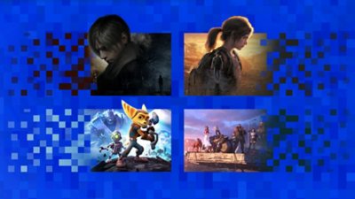 Promotional imagery featuring artwork from Ratchet & Clank, Final Fantasy VII Remake, The Last of Us Part I and Resident Evil 4.