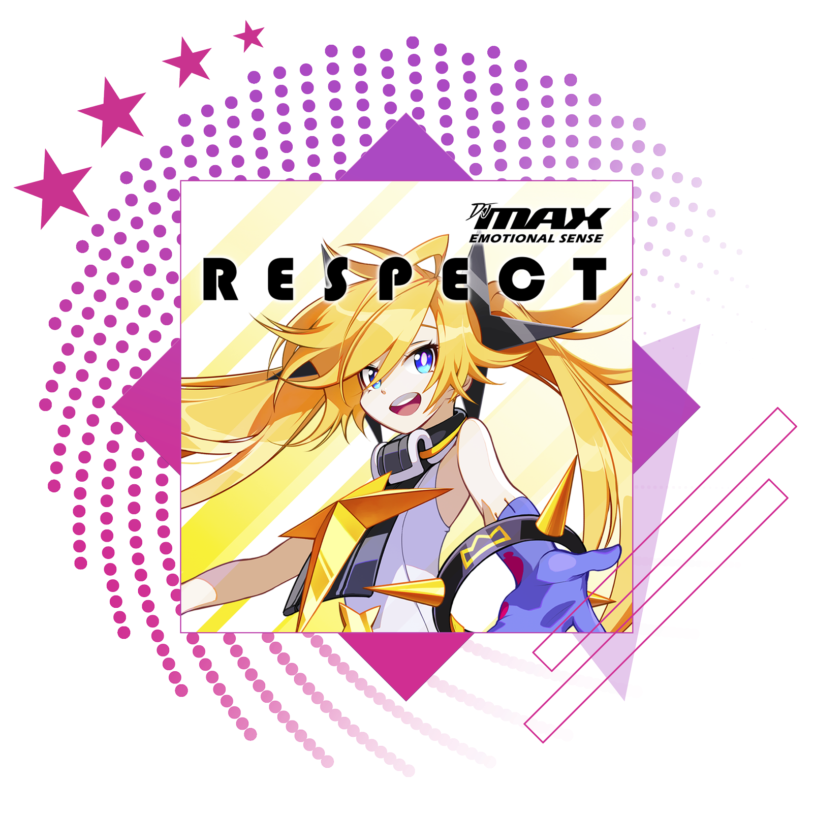 DJMax Respect의 키 아트를 보여주는 순위권 리듬 게임 피처 이미지.