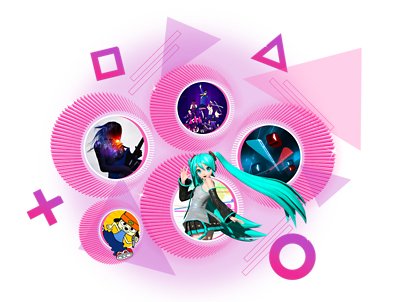 Best Rhythm games on PS4 and PS5 promotional art featuring Rock Band 4, PaRappa the Rapper Remastered, Hatsune Miku Project Diva X, Beat Saber and Sayonara Wild Hearts.