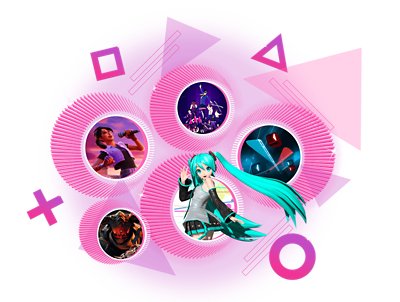 De beste rytmespillene på PS4 og PS5 – kampanjeillustrasjon med Rock Band 4, PaRappa the Rapper Remastered, Hatsune Miku Project Diva X, Beat Saber og Sayonara Wild Hearts.