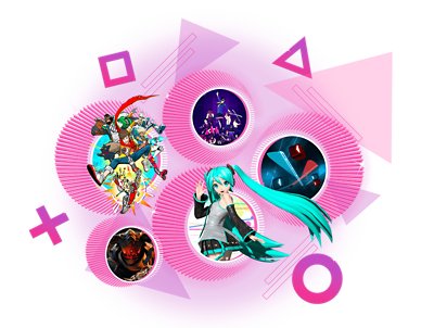 อาร์ตโปรโมตเกมกดจังหวะที่ดีที่สุดบน PS4 and PS5 ประกอบด้วย Rock Band 4, PaRappa the Rapper Remastered, Hatsune Miku Project Diva X, Beat Saber และ Sayonara Wild Hearts