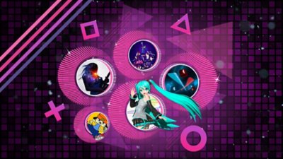 Arte promocional de los mejores juegos de ritmo en PS4 y PS5 con ilustración de Rock Band 4, PaRappa The Rapper Remastered, Beat Sabre y Hatsune Miku Project Diva X.