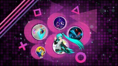 Rock Band 4, PaRappa the Rapper Remastered, Beat Sabre, Hatsune Miku Project Diva X 등을 소개하는 PS4와 PS5 최고의 리듬 게임 프로모션 아트.