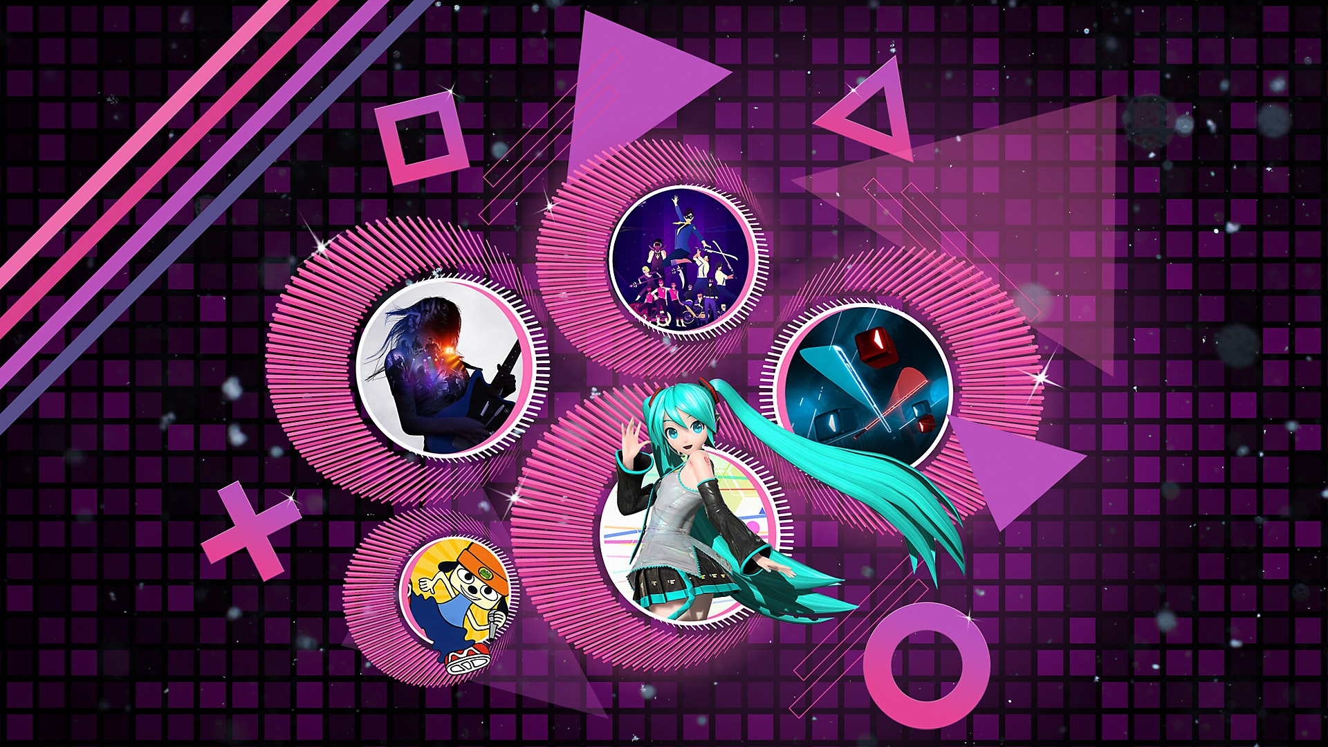 Les meilleurs jeux de rythme sur PS4 et PS5 - Illustration promotionnelle montrant Rock Band 4, PaRappa the Rapper Remastered, Hatsune Miku Project Diva X, Beat Saber et Sayonara Wild Hearts.