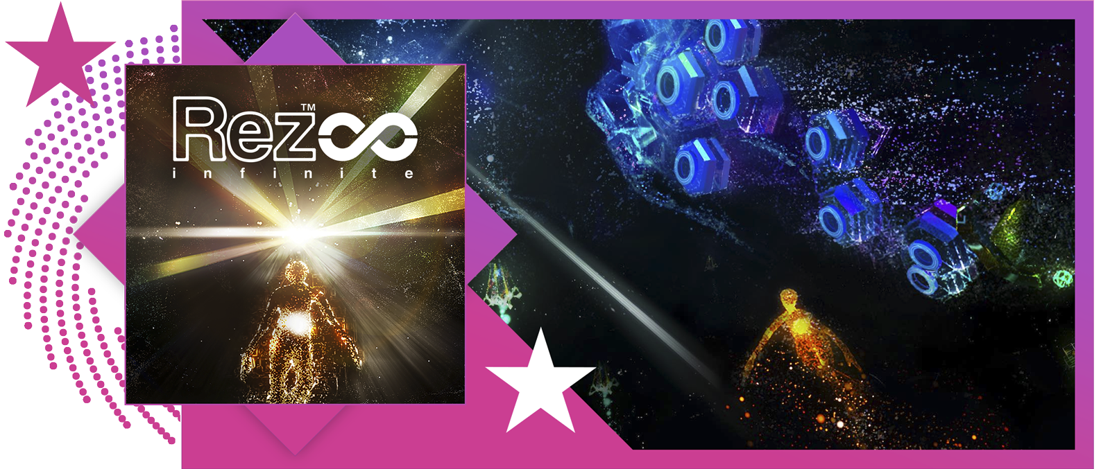 Best rhythm games feature image, featuring key art and gameplay from Rez Infinite.