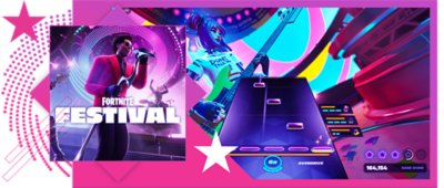Best rhythm games feature image, featuring key art and gameplay from Fortnite Festival