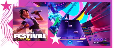 Best rhythm games feature image, featuring key art and gameplay from Fortnite Festival