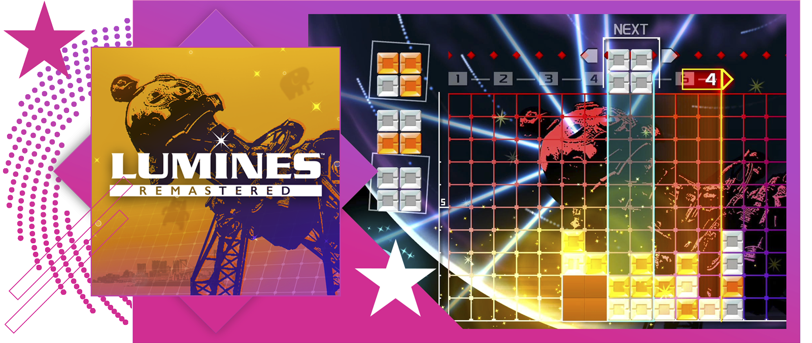 Imagem do destaque de melhores jogos de ritmo com a arte principal e jogabilidade de Lumines Remastered.