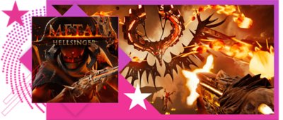 Best rhythm games feature image, featuring key art and gameplay from Metal: Hellsinger