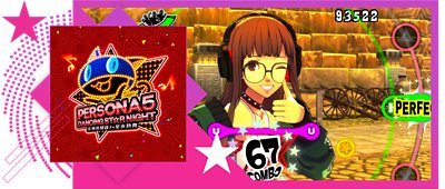 Best rhythm games feature image, featuring key art and gameplay from Persona 5: Dancing in Starlight.