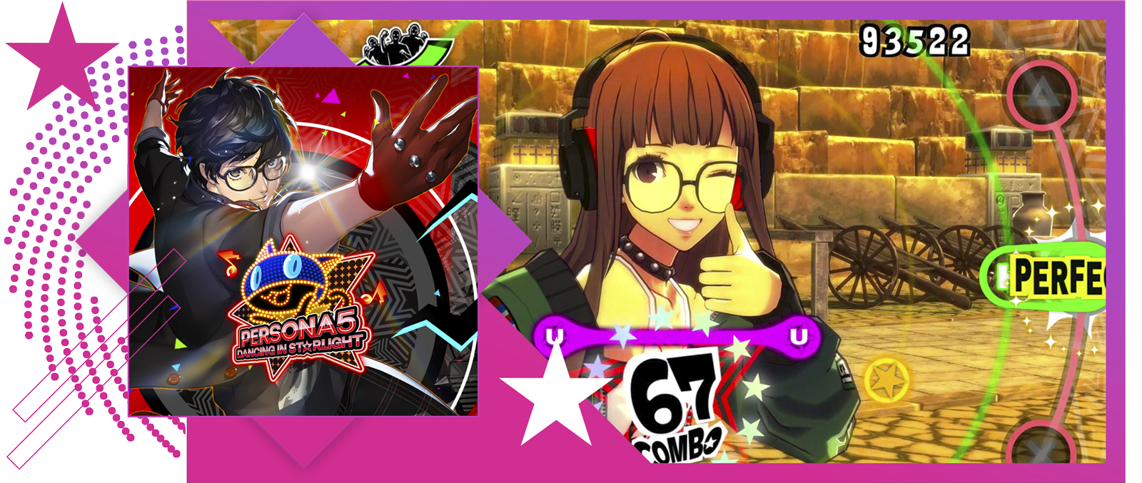 Melhores jogos de ritmo - Imagem em destaque apresentando arte principal e jogabilidade de Persona 5: Dancing in Starlight.