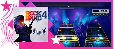 Best rhythm games feature image, featuring key art and gameplay from Rock Band 4.
