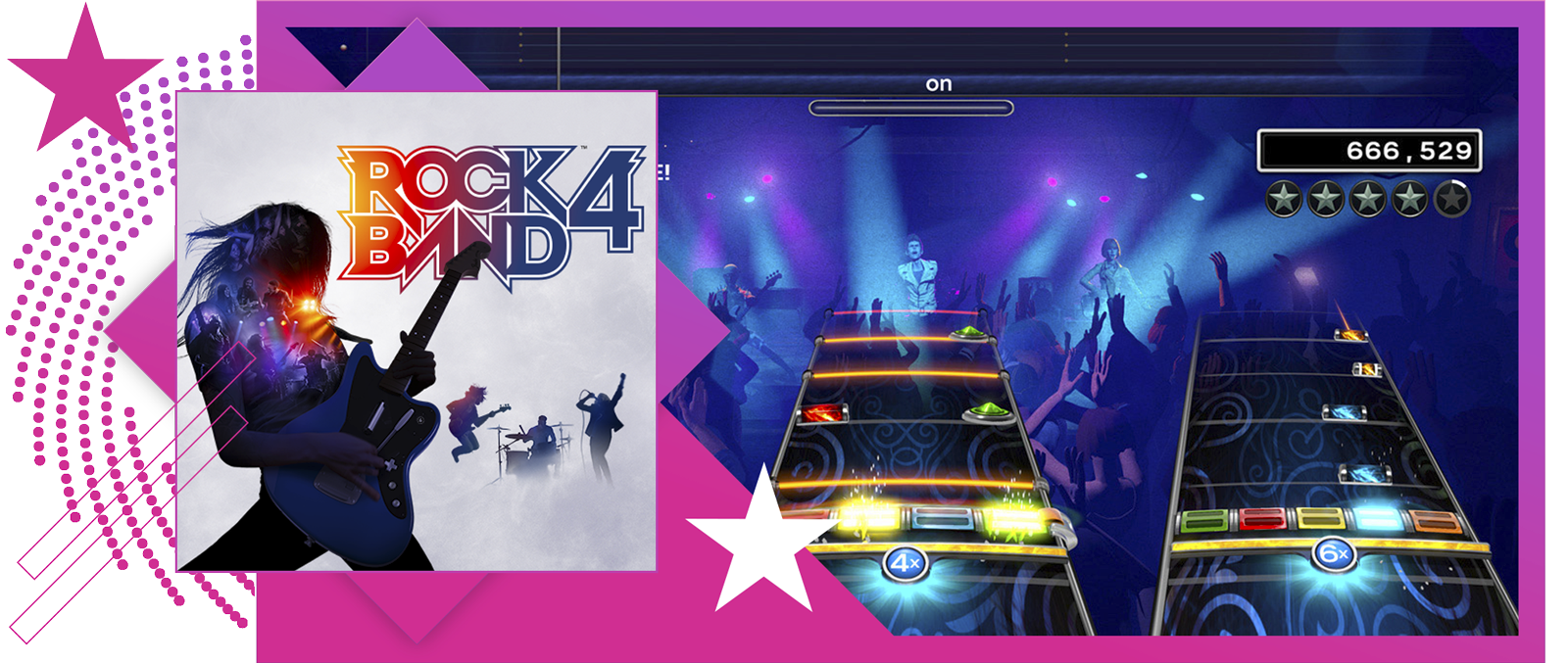 Parhaat rytmipelit -esittelyn kuva, jossa promokuvitusta ja pelikuvaa pelistä Rock Band 4.