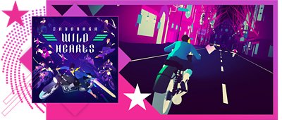 Best rhythm games feature image, featuring key art and gameplay from Sayonara Wild Hearts.