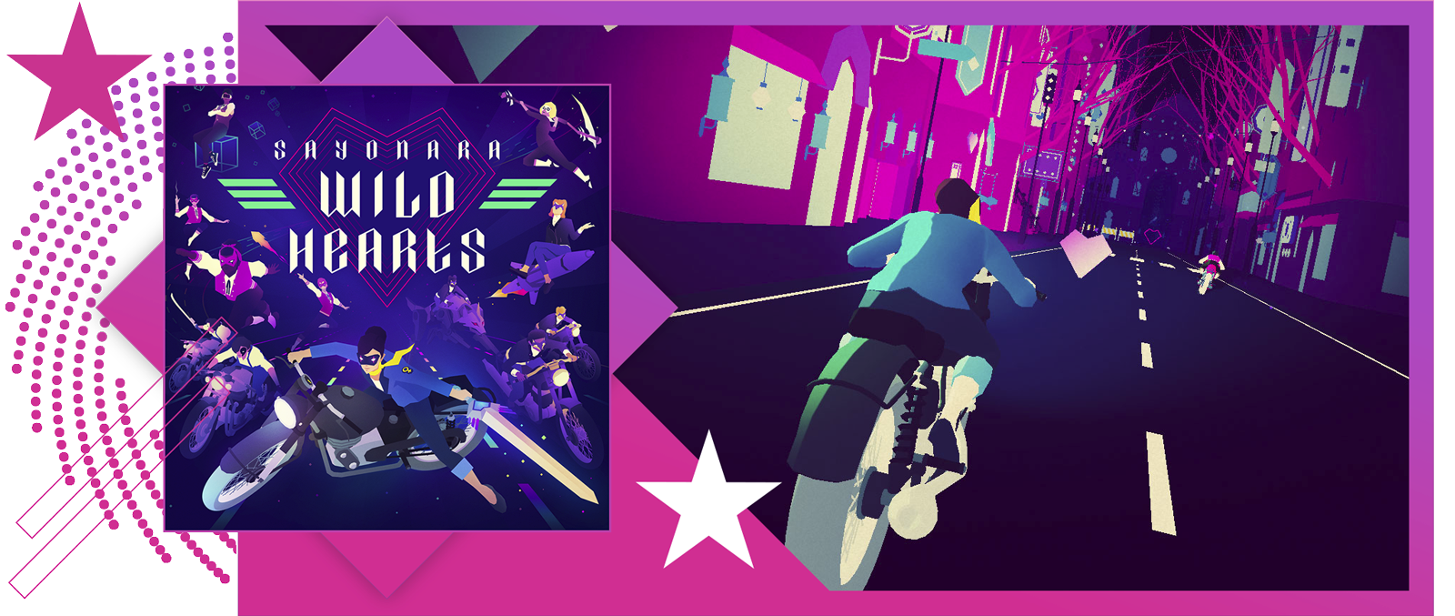 Best rhythm games feature image, featuring key art and gameplay from Sayonara Wild Hearts.