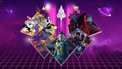 Best shoot 'em ups on PS4 and PS5 promotional art featuring key art from Cuphead, Enter the Gungeon, Returnal, Huntdown and Ruiner
