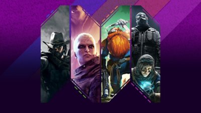 Arte promocional de los mejores juegos de disparos en equipo con imágenes de Hunt: Showdown, Outriders, Deep Rock Galactic y Rainbow Six Siege