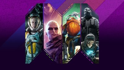 最佳团队射击游戏主题宣传海报，包含《Hunt: Showdown》、《Outriders》、《Deep Rock Galactic》和《彩虹六号：围攻》