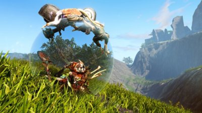 《Biomutant》截屏，展示一名角色在泡泡中移动