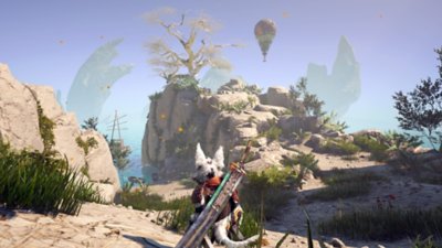 Biomutant screenshot showing the playable character looking out over a cliff and a hot air balloon in the distance