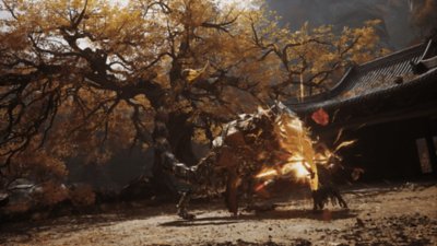 Captura de pantalla de Black Myth: Wukong que muestra un combate con un escorpión monstruoso