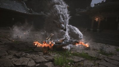 Captura de ecrã do Black Myth: Wukong com um encontro com uma criatura parecida com um lobo de aparência feroz