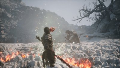 Captura de pantalla de Black Myth: Wukong que muestra a un jugador en un entorno nevado
