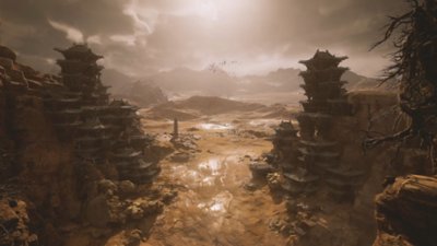 Black Myth: Wukong-screenshot van een wijd en rotsachtig landschap