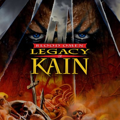 Blood Omen: Legacy of Kain key art showing a face gazing through an image of skulls and bones.