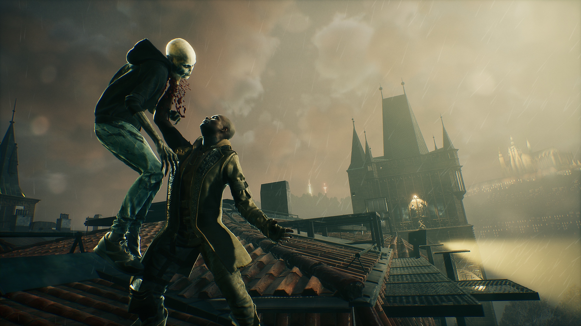 Snimka zaslona igre Bloodhunt koja prikazuje vampire kako stoje na krovu