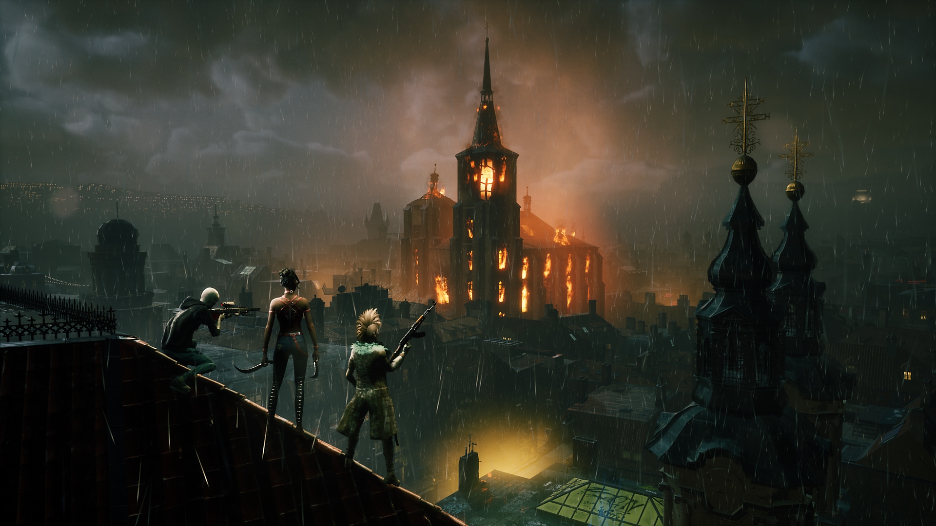 Bloodhunt – kuvakaappaus jossa vampyyrit seisovat katolla katsellen kaupungin siluettia kaukaisuudessa