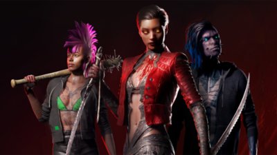 Captura de pantalla de Bloodhunt que muestra a tres vampiros con diferentes estilos de personalización