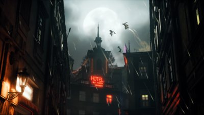 Bloodhunt-Screenshot von Vampiren, die in der Ferne durch die Luft fliegen