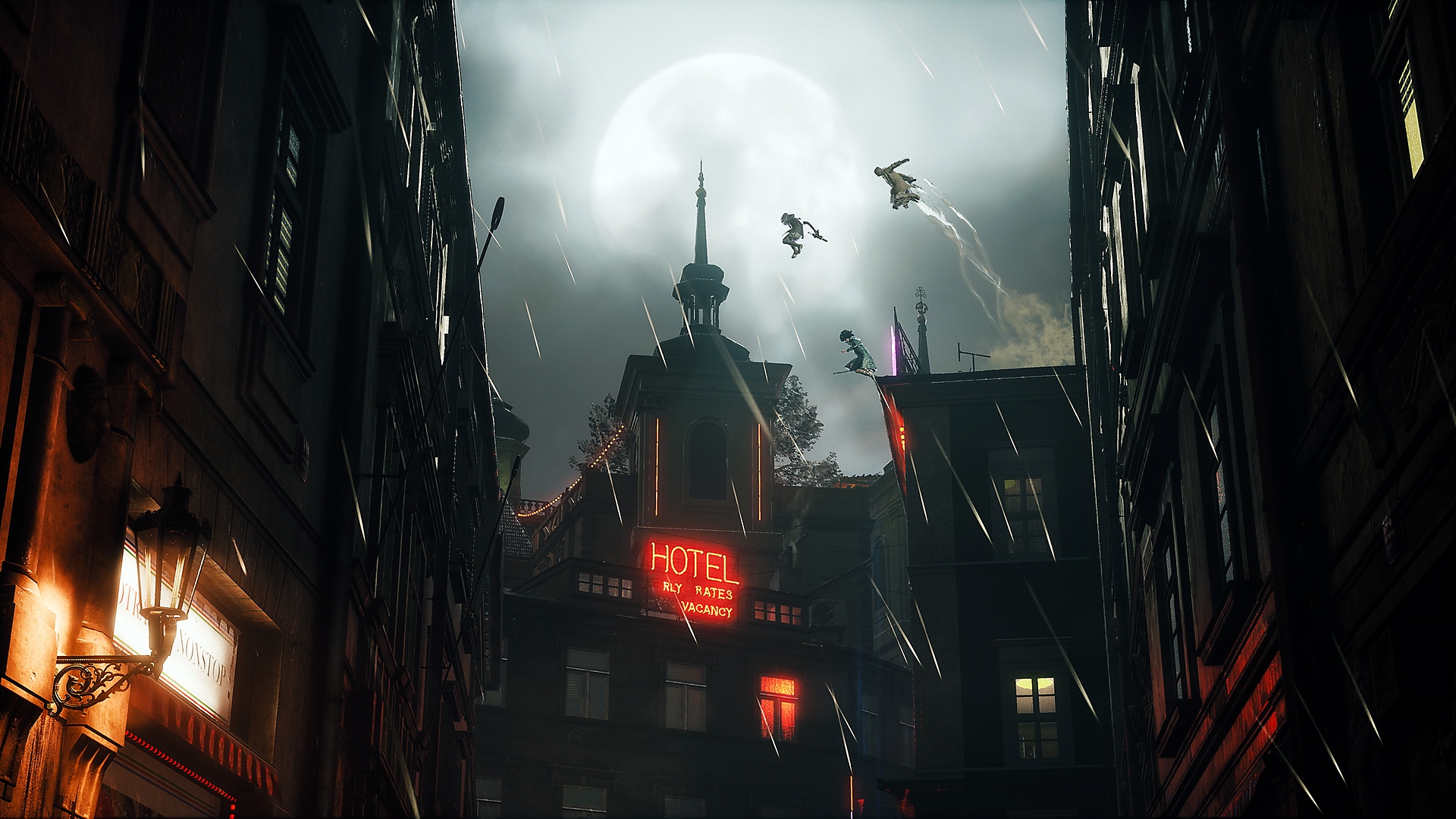 Screenshot van Bloodhunt met daarop vampieren die in de verte door de lucht vliegen