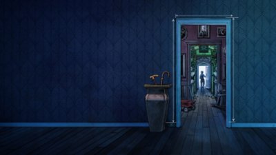 Grafika główna z gry Blue Prince przedstawiająca otwarte drzwi z postacią za nimi