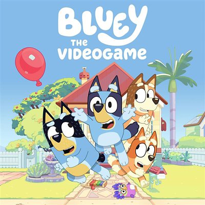 bluey the v,deogame key art featuring funny animal characters in beach