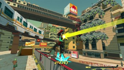 Captura de pantalla de Bomb Rush Cyberfunk que muestra a un personaje realizando un movimiento.