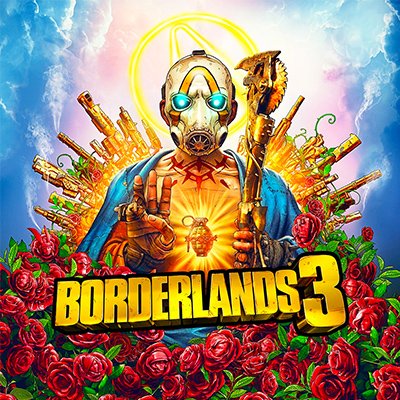 Arte promocional de Borderlands 3 apresentando um personagem com três dedos levantados.