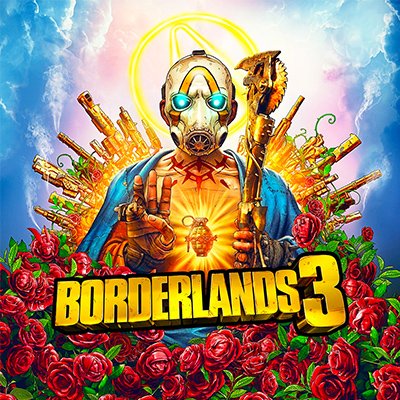 Cover art for Borderlands 3 depicting a Psycho character in a pastiche of the Catholic depiction of the Virgin Mary