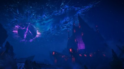 Captura de pantalla de Borderlands 4 que muestra una torre ominosa y un cielo púrpura que parece roto por un cometa o una luna