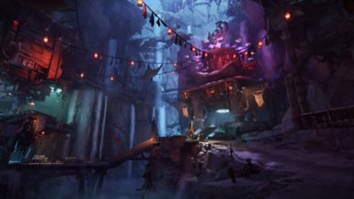 Borderlands 4 screenshot showing a settlement seemingly set inside a canyon
