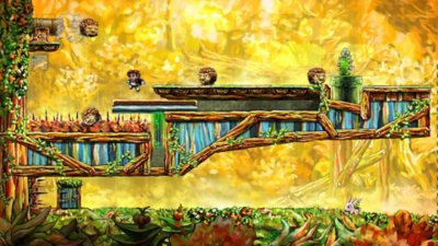 Braid: Anniversary Edition screenshot showing platforming action with enemies and obstacles