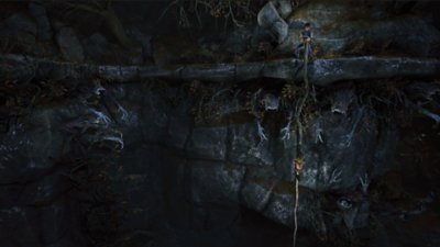 《兄弟：雙子傳說重製版》螢幕截圖：角色正在攀爬樹根