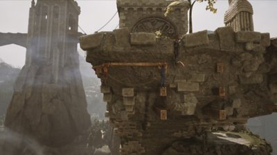 Captura de pantalla de Brothers: A Tale of Two Sons Remake que muestra una escalada de muro