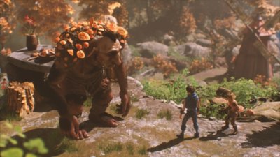 Captura de pantalla de Brothers: A Tale of Two Sons Remake que muestra una reunión con un trol